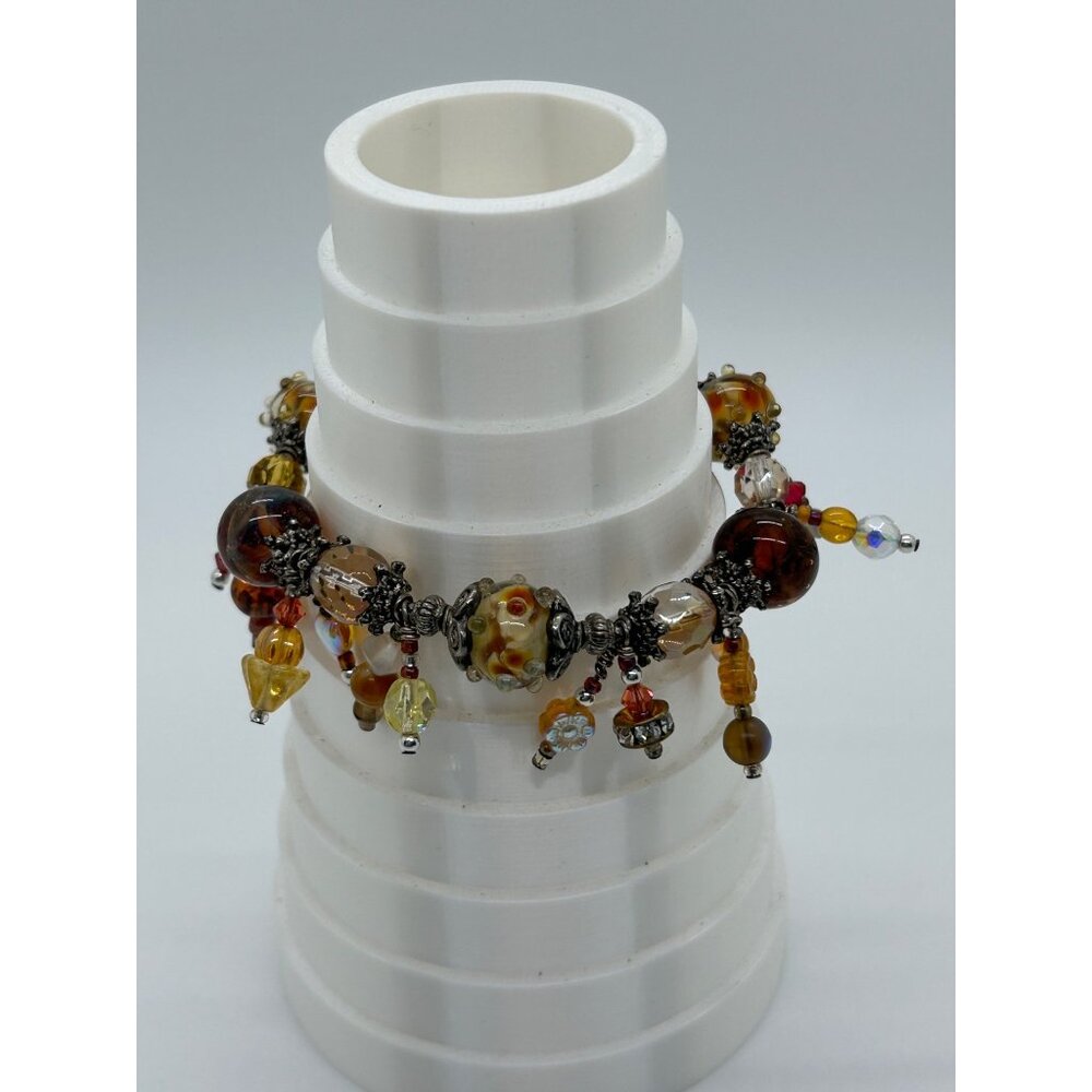 Artisan Lampwork Glass Bracelet With Amber Gold Swirl and Faceted Beads - Picture 12 of 16